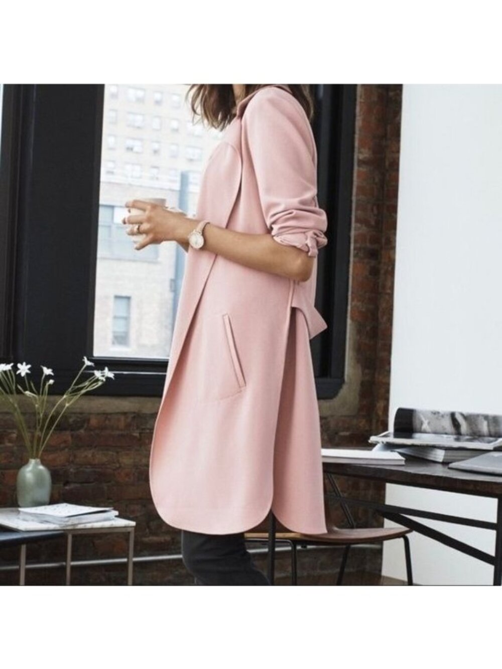7th Ave Design/New York & Co Open Front Long Sleeve Jacket in Pink - Size L